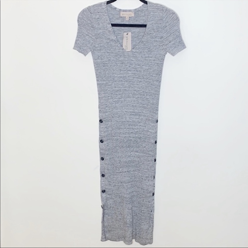 Philosophy Grey Button Cap-Sleeved Midi Dress